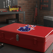 Load image into Gallery viewer, Ned Kelly sticker on workshop toolbox