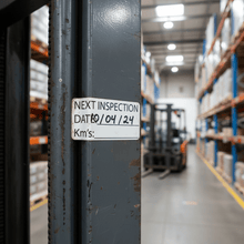 Load image into Gallery viewer, Next inspection sticker on forklift mast in warehouse
