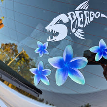 Load image into Gallery viewer, Car window with blue Frangipani flower decals and a shark skeleton design.