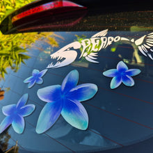 Load image into Gallery viewer, Frangipani Car window with blue flower decals and a bird design sticker.
