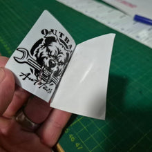 Load image into Gallery viewer, Close-up of double-sided 50x50mm service due sticker showing custom business logo and service reminder details