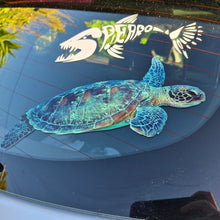 Load image into Gallery viewer, Sea turtle decal on a car window with other decals in the background