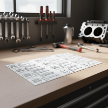 Load image into Gallery viewer, Sheet of 50 custom inspection stickers with workshop logo and details