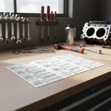 Load image into Gallery viewer, Sheet of 50 custom inspection stickers with workshop logo and details