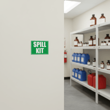 Load image into Gallery viewer, Spill kit sticker on wall in chemical storage room
