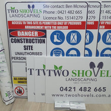 Load image into Gallery viewer, Zoomed in square Two shovels signage (Proof of concept with the customer using the decals purchased)
