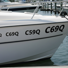 Load image into Gallery viewer, Three rego sticker sizes on boat hull marina