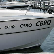 Load image into Gallery viewer, Three rego sticker sizes on boat hull marina