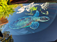 Load image into Gallery viewer, Turtle decal on a car window with a logo in the background