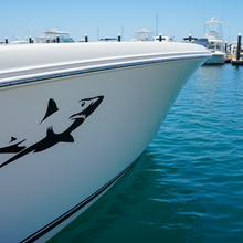 Load image into Gallery viewer, White boat hull at marina shark decal