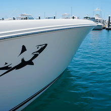 Load image into Gallery viewer, White boat hull at marina shark decal