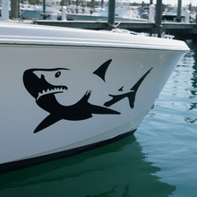Load image into Gallery viewer, White fishing boat hull at marina shark sticker