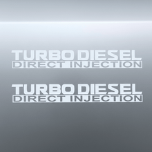 Load image into Gallery viewer, White Turbo Diesel Direct Injection stickers doubled on dark background