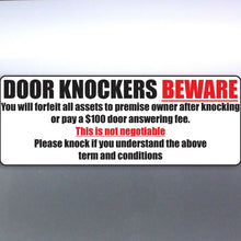 Load image into Gallery viewer, Door Knockers Beware Fees Apply No Funny Vinyl Sti