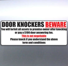 Load image into Gallery viewer, Door Knockers Beware Fees Apply No Funny Vinyl Sti