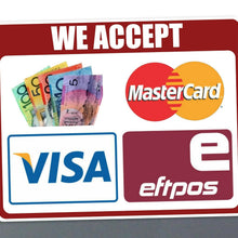 Load image into Gallery viewer, We accept Eftpos sticker 190mm mastercard visa E g