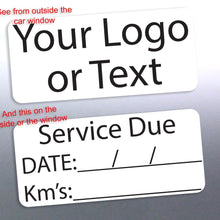 Load image into Gallery viewer, A service sticker with a custom logo and text, indicating a date and location for service, placed on a car.