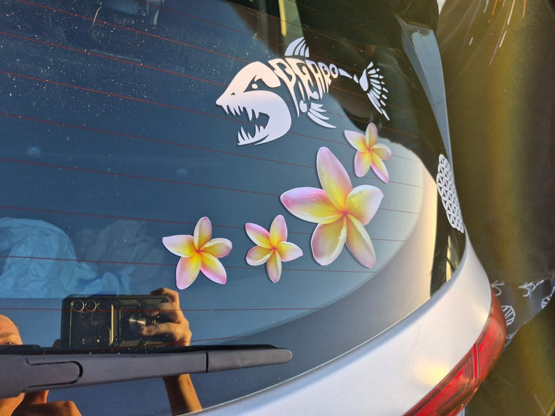 Car trunk with yellow frangipani flower decals
