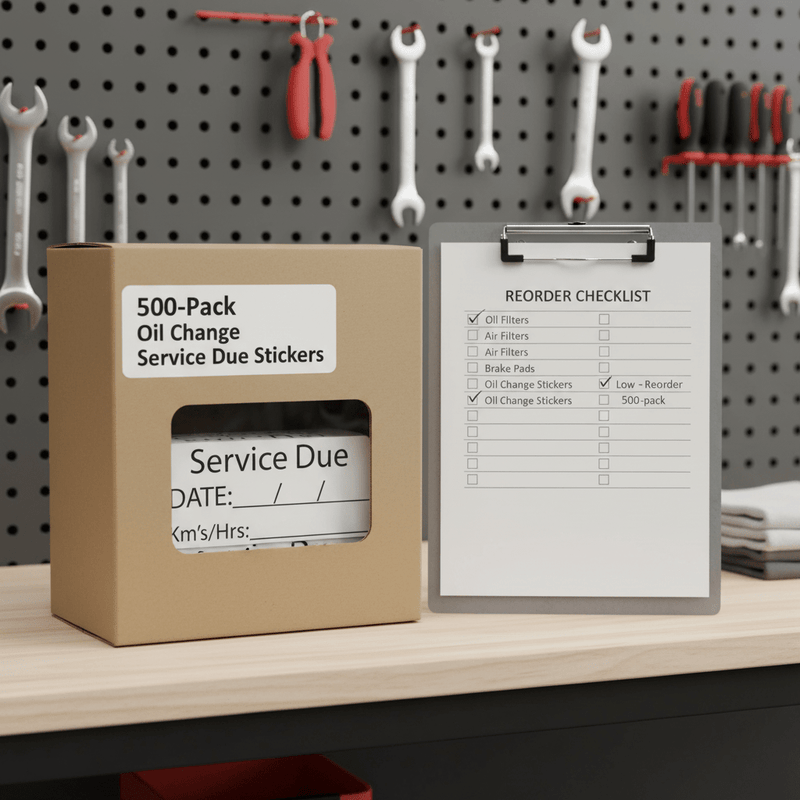 500-pack box on workshop shelf with reorder checklist