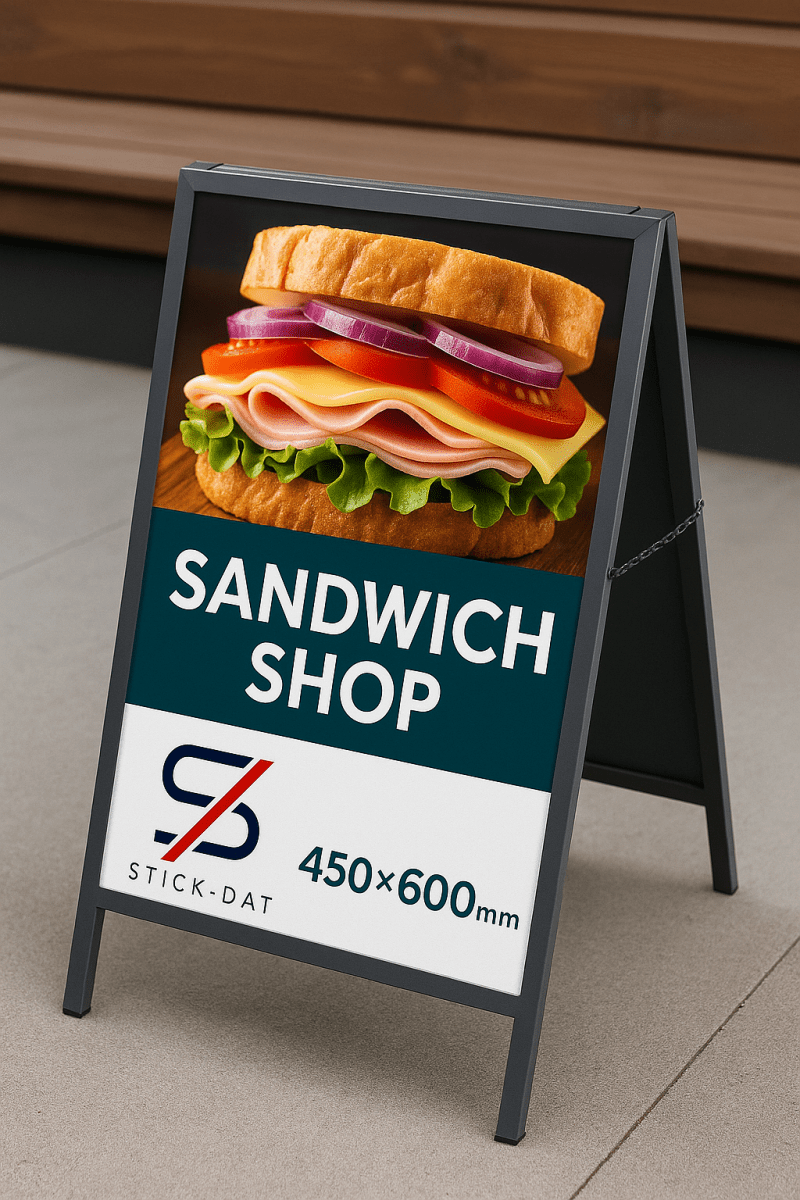 A-frame sign for a sandwich shop with a large sandwich graphic and Stick-Dat logo.