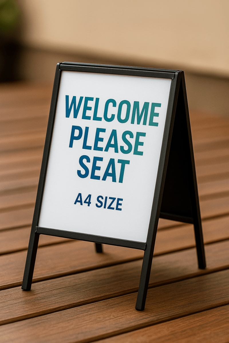 A4 size sign on a wooden surface with text 'WELCOME PLEASE SEAT'.