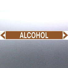 Load image into Gallery viewer, A rectangular pipe marker with the word 'ALCOHOL' in bold black lettering, Golden Tan background, and a white border.
