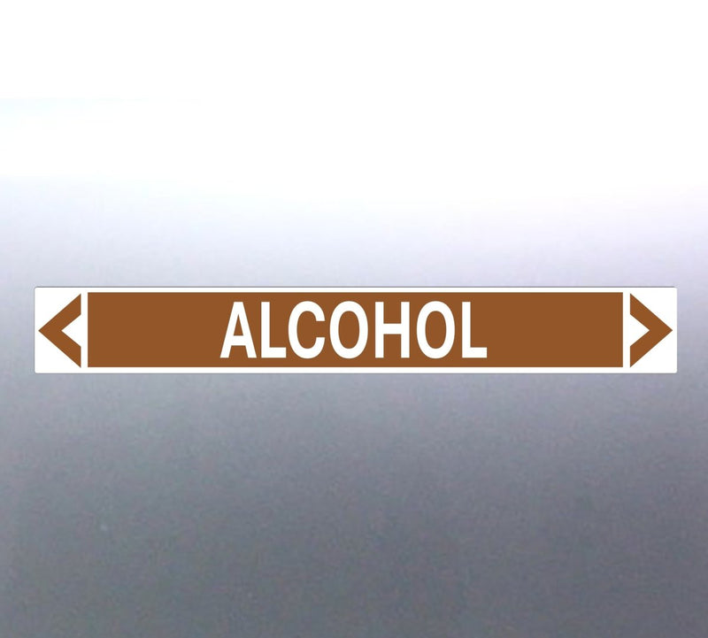 A rectangular pipe marker with the word 'ALCOHOL' in bold black lettering, Golden Tan background, and a white border.