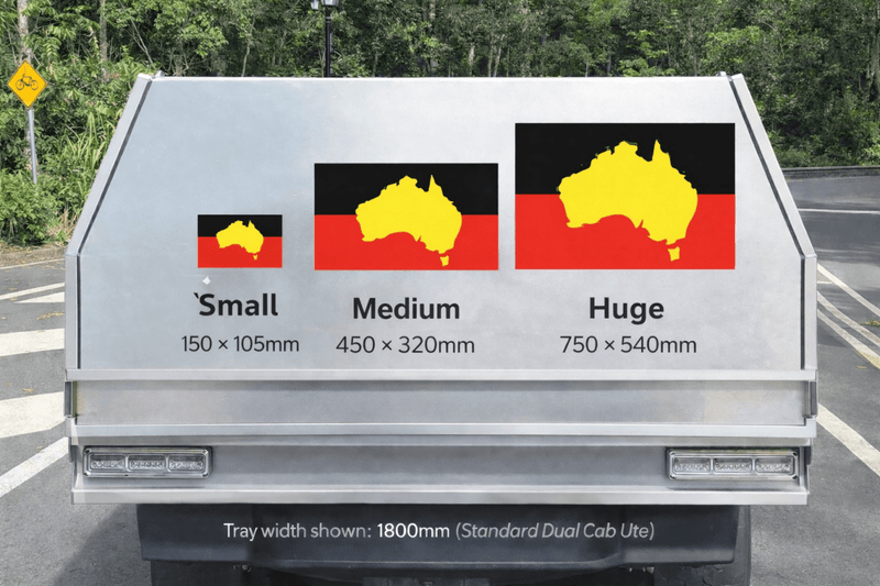 Truck bed with size indicators for small, medium, and huge compartments.