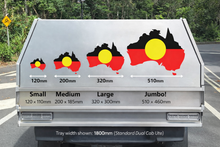 Load image into Gallery viewer, Trailer tray with Aboriginal flag designs and size measurements on a road.
