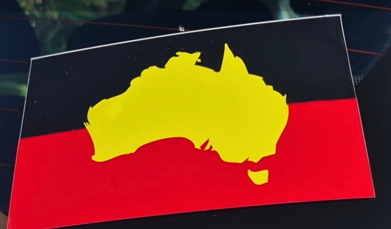 Flag of Australia with a yellow map of Australia on a red and black background