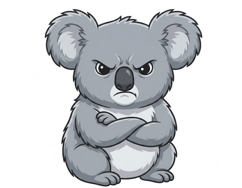 A cartoon koala sitting with crossed arms and an angry expression, shown on a plain white background.