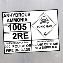 Load image into Gallery viewer, Anhydrous Ammonia UN 1005 Hazchem EIP Decal Sign – Tank Identification
