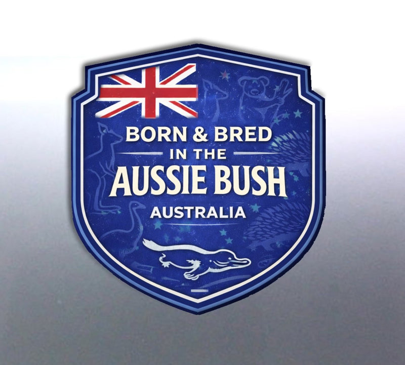 Emblem with Australian flag and text 'Born & Bred in the Aussie Bush, Australia' on a blue background