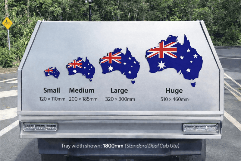 Truck bed liner with Australian flag designs and size measurements on a back for a sizing chart.