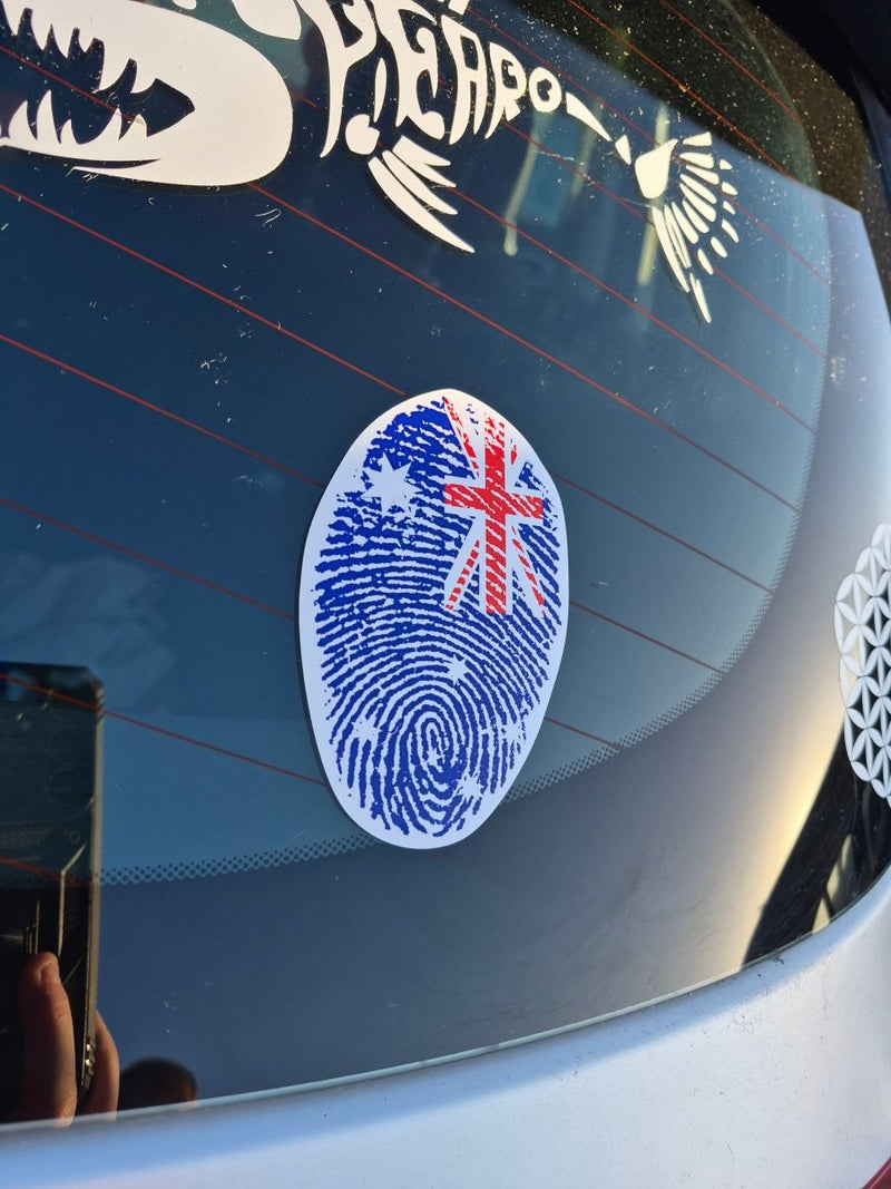 Sticker with fingerprint design and Union Jack on car window  Australian flag
