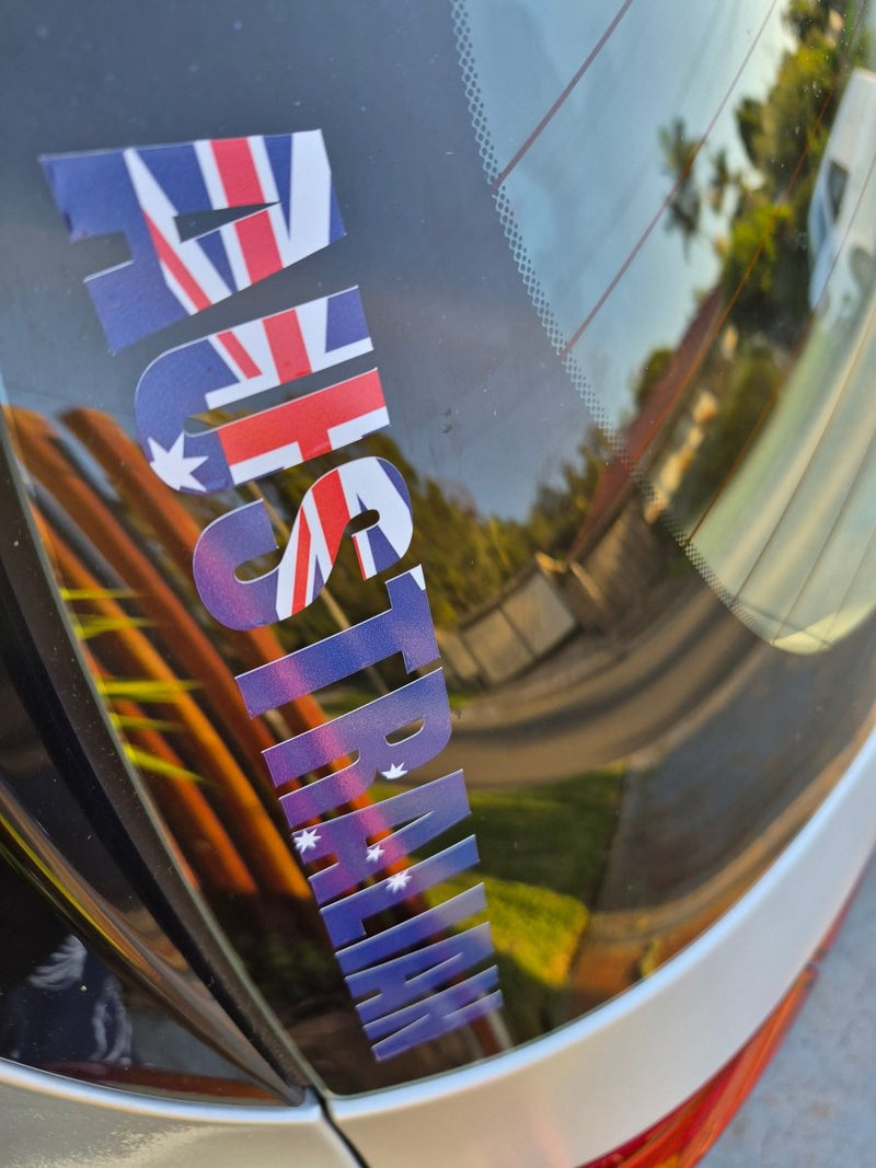 Reflective surface with 'AUSTRALIAN' text and Australian flag design.