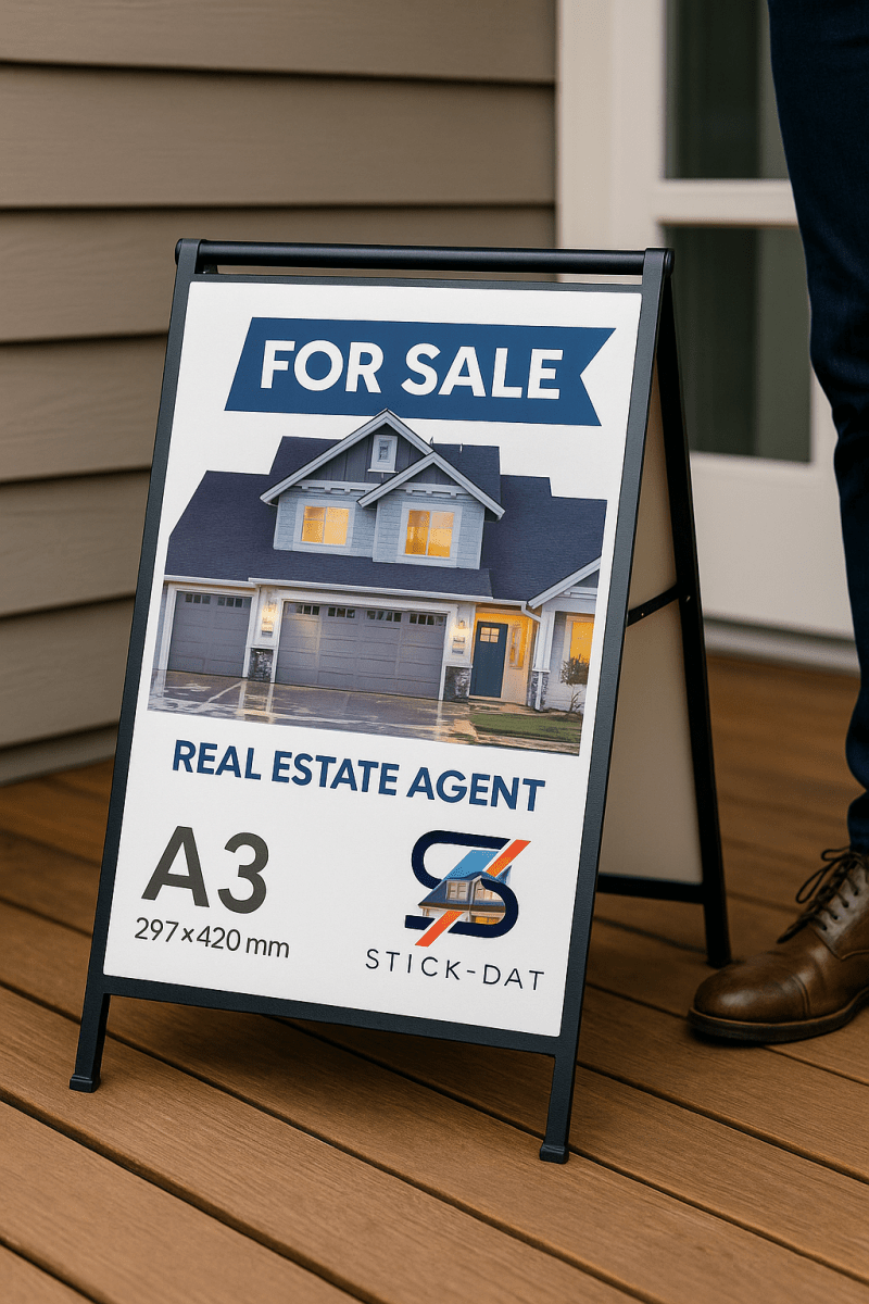 Real estate 'For Sale' sign on a stand with a house illustration and text.