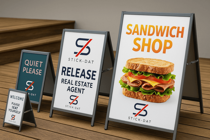Set of sandwich shop signs with branding and promotional text on a wooden surface.