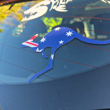 Load image into Gallery viewer, Blue kangaroo-shaped decal with Australian flag design on a car window.
