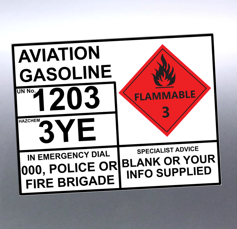 Aviation Gasoline UN 1203 Hazchem EIP Sticker Sign – Tank Identification Label