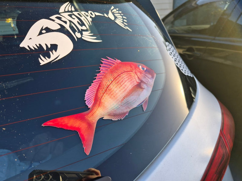 Fish-shaped snapper decal on a car window with a shark decal above it.