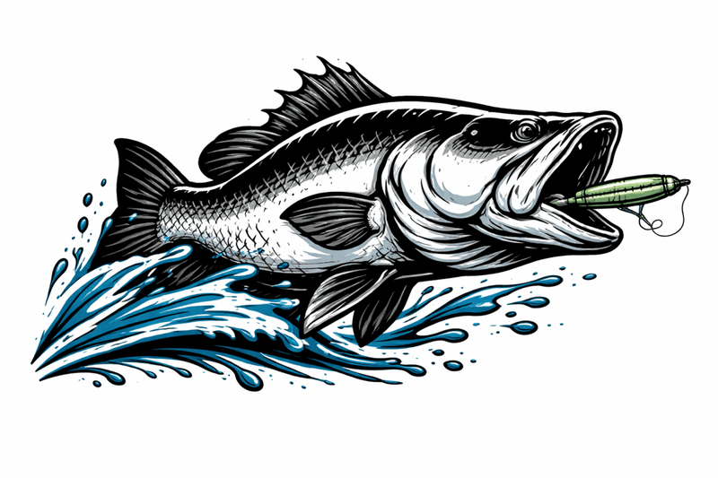 Illustration of a barramundi fish with a hook in its mouth on a white background
