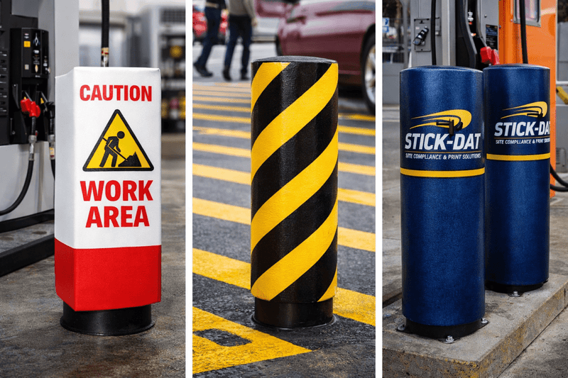 Collage of safety signs and cylindrical barriers at a gas station.