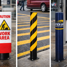 Load image into Gallery viewer, Collage of safety signs and barriers at a gas station.
