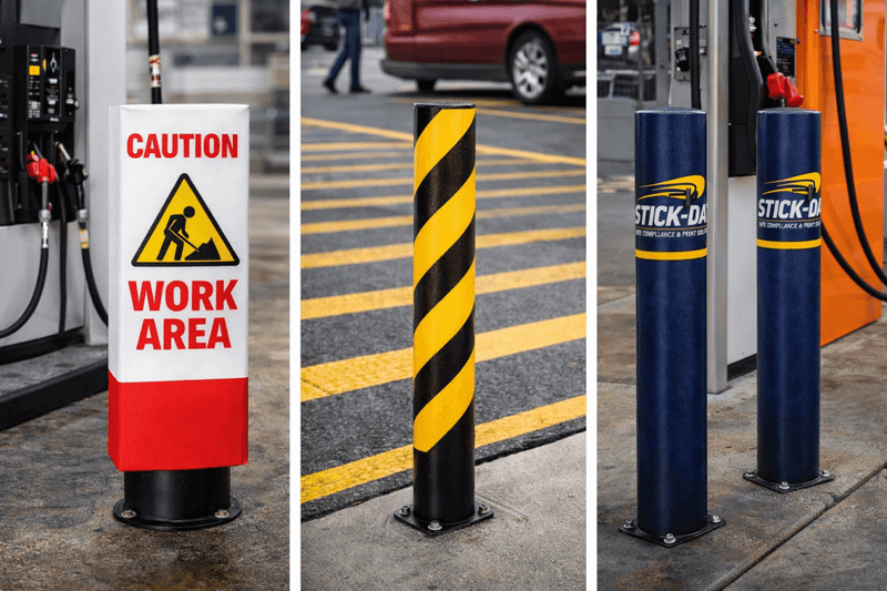 Collage of safety signs and barriers at a gas station.