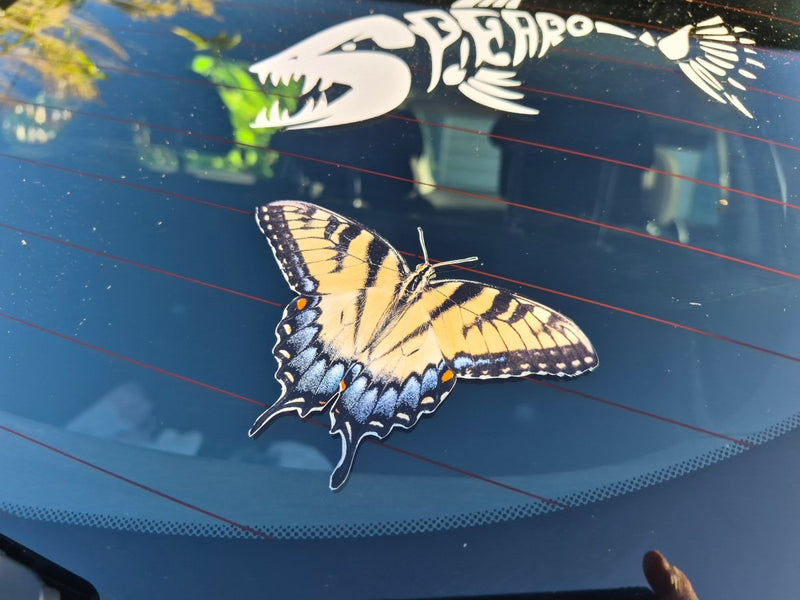 Butterfly-shaped decal on a car window with a skeleton and plant design in the background.