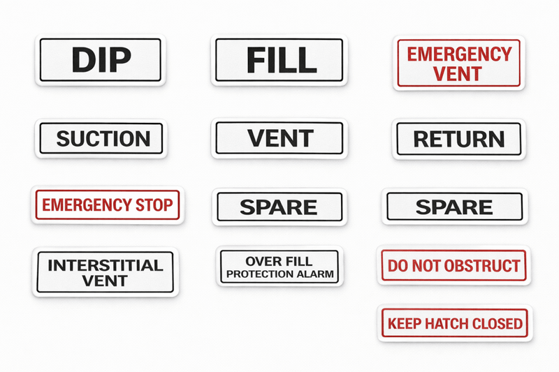 Set of control panel labels with various safety and operational terms on a white background.