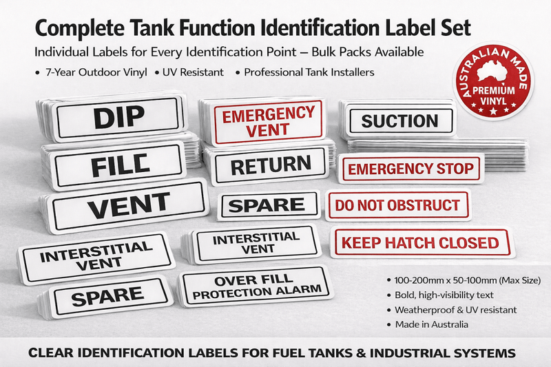 Set of tank function identification labels with various text on a white background