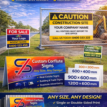 Load image into Gallery viewer, Advertisement for Custom Corflute Signs with various sizes and uses displayed.
