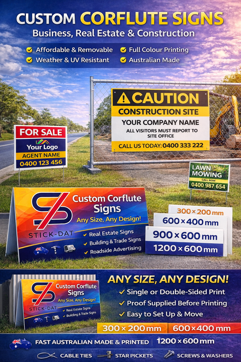Advertisement for Custom Corflute Signs with various sizes and uses displayed.
